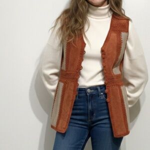 Vintage Handmade Crochet Patchwork Suede Vest Size Medium Burnt Orange Boho